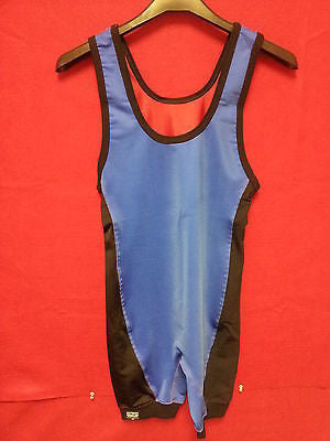 Matman Men's Cut Lycra Wrestling Singlet, Royal Blue/Scarlet Red - XS    I838B